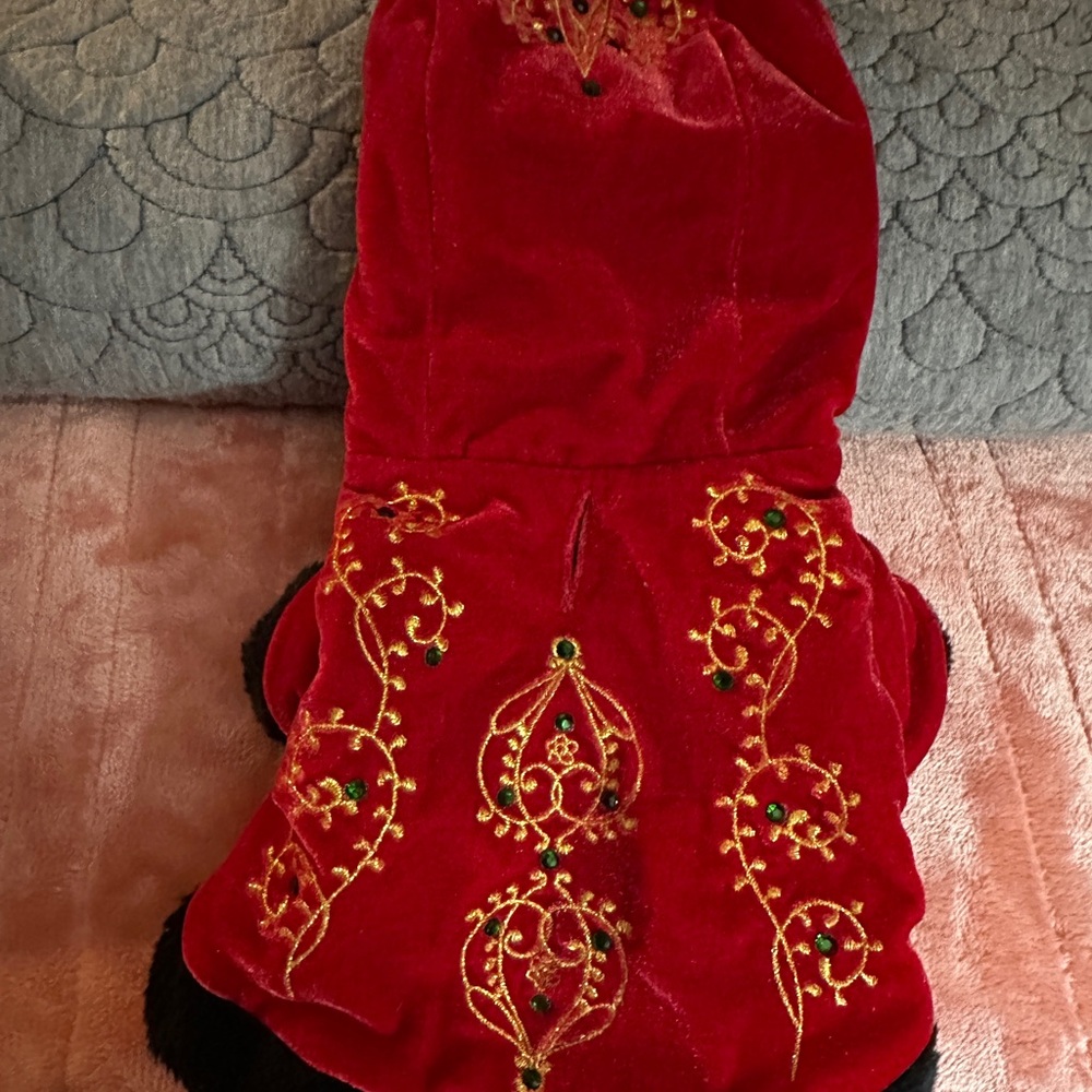 🎄Velvet Christmas Dog Coat w/ Gold Embroidery & Rhinestones | XS–S 🎁